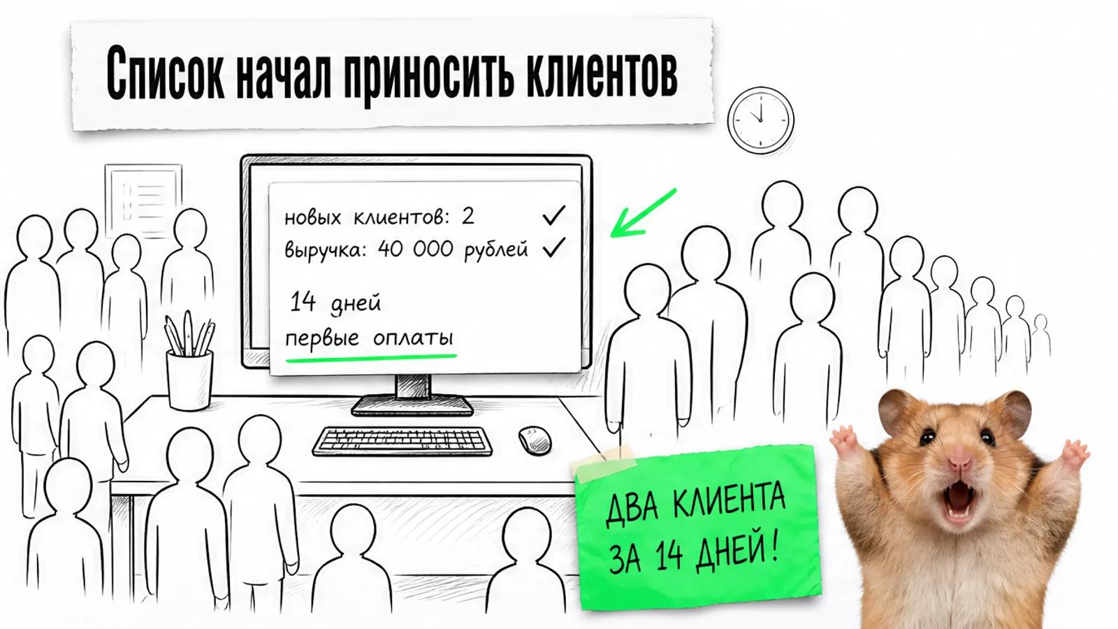 То же рабочее место заполнено людьми, рядом показаны два клиента и сорок тысяч рублей.