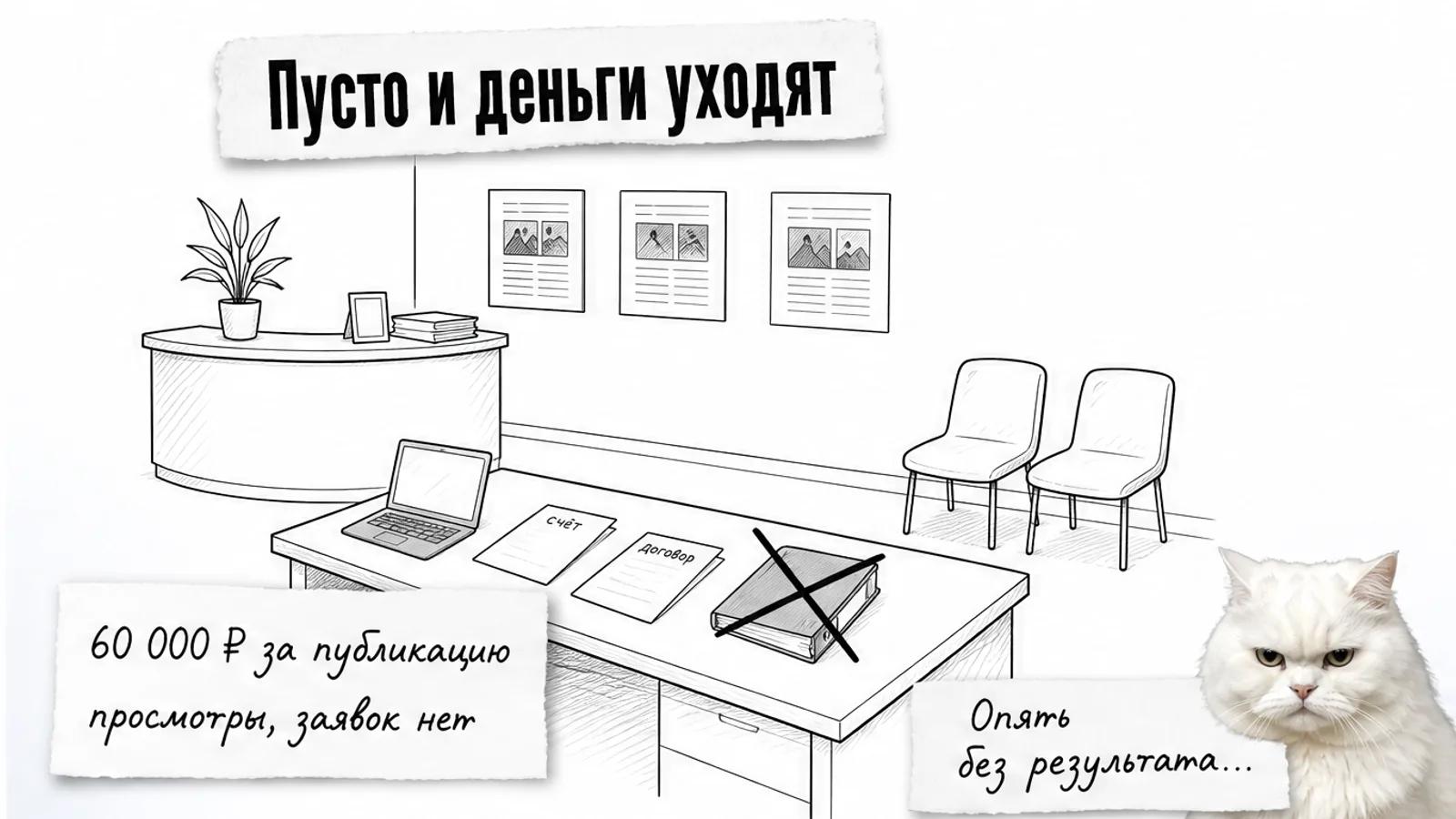 Пустой рекламный офис медиа с пустыми стульями, счётом и котом-скептиком.