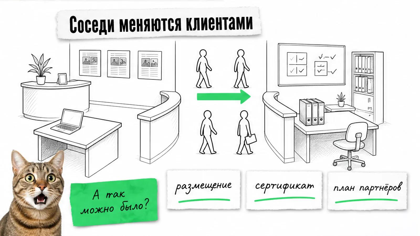 Офисы медиа и сервиса соединены потоком людей и зелёной стрелкой, рядом удивлённый кот.