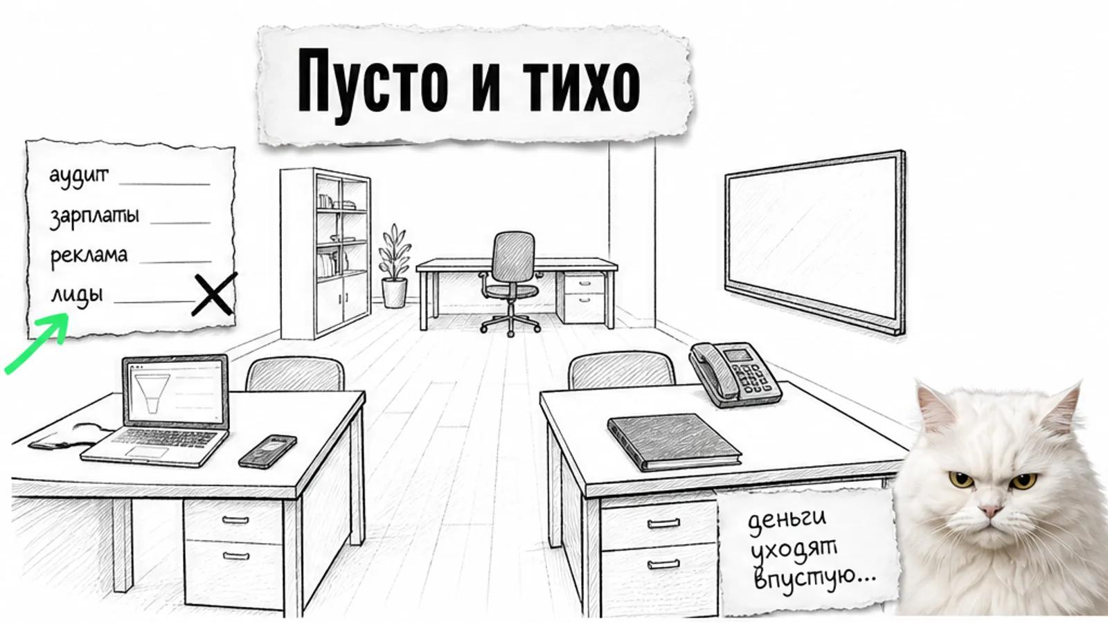 Пустой офис отдела продаж с ноутбуком, системой учёта клиентов и одной фигурой менеджера.