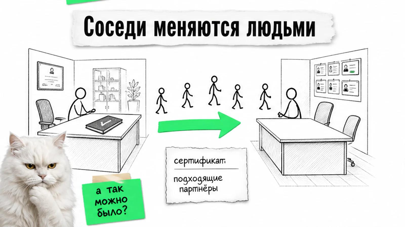 Два соседних офиса обмениваются клиентами, между ними проходит ярко-зелёная стрелка.