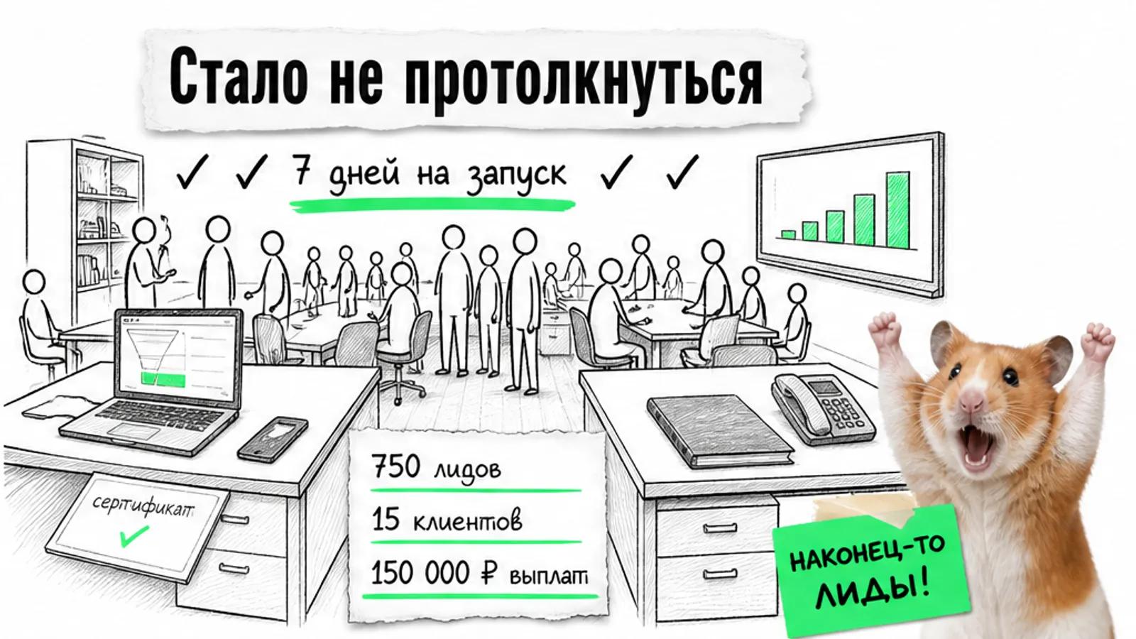 Тот же офис теперь полон безликих людей, рядом показаны 750 лидов и выплаты агентству.