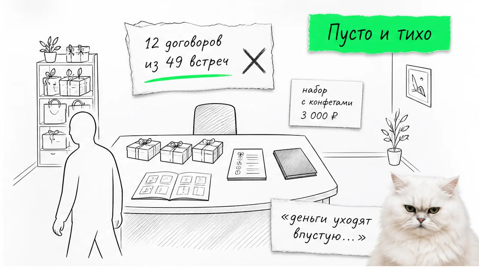 Пустая стойка с коробками и один силуэт владельца, рядом скептичный кот.