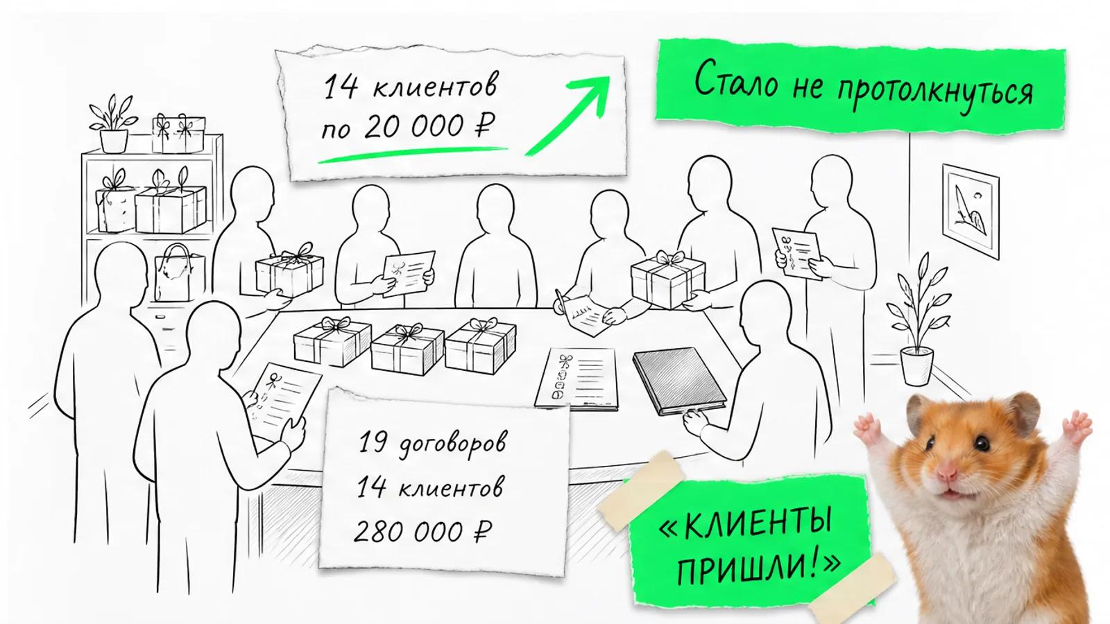 Та же стойка теперь окружена людьми, рядом торжествующий хомяк и карточка с результатами.