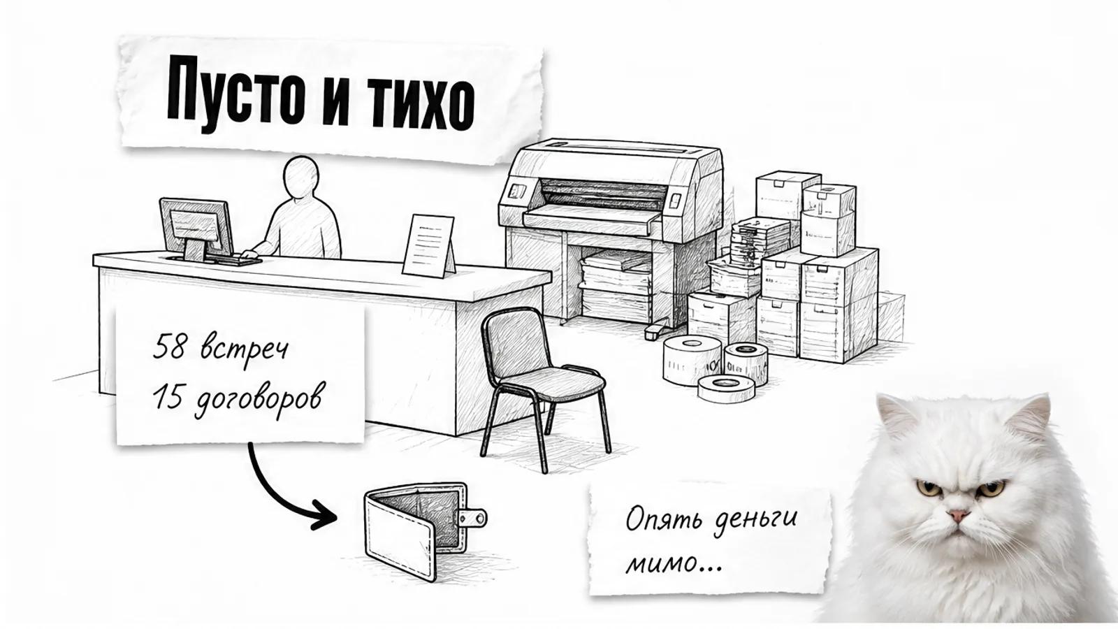 Пустая зона типографии с принтером, коробками и одним силуэтом клиента, рядом скептичный кот.