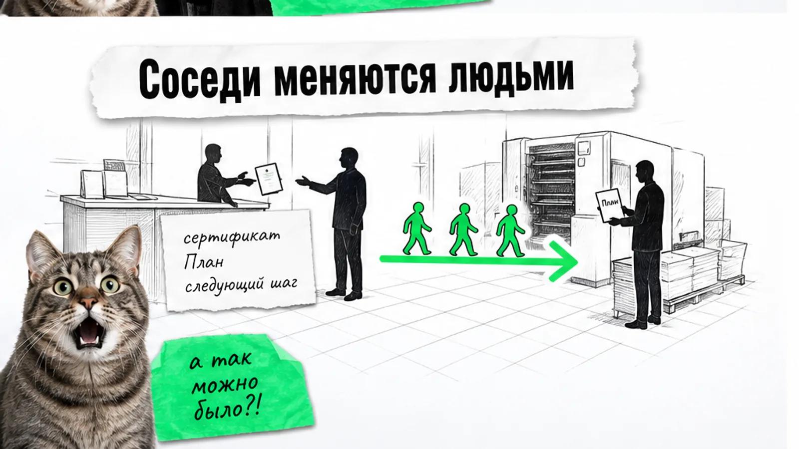 Типография и агентство соединяют владельца магазина, сертификат и План ярко-зелёной стрелкой.