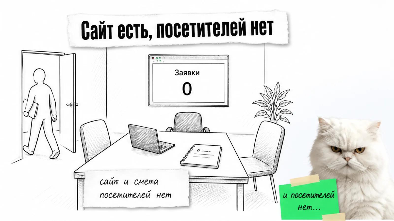 В пустой переговорной владелец уходит без договора, а кот недоверчиво смотрит на предложение сайта.