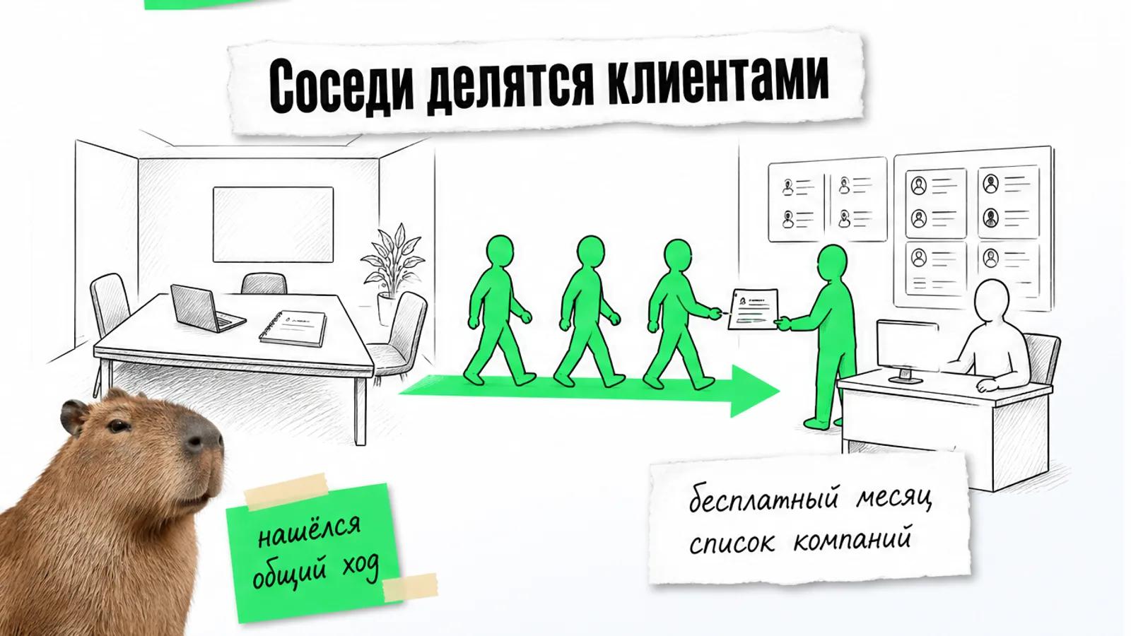 Веб-студия направляет владельца к платформе по зелёной стрелке; капибара с любопытством следит за обменом.