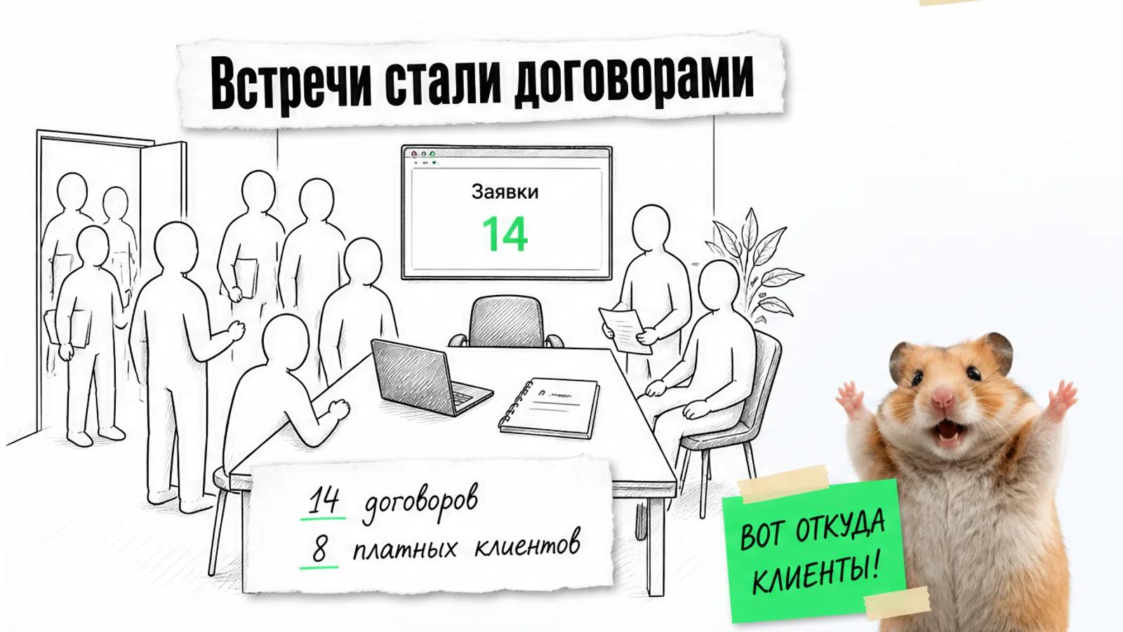 В знакомой переговорной много владельцев, рядом показаны 14 договоров и 8 платных клиентов.