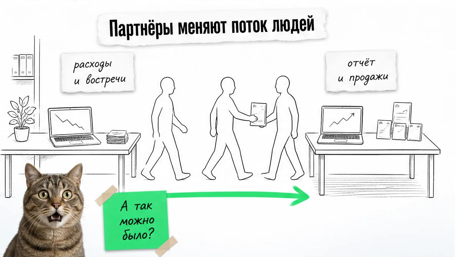 Две соседние рабочие зоны передают клиента по ярко-зелёной стрелке, рядом удивлённый кот.