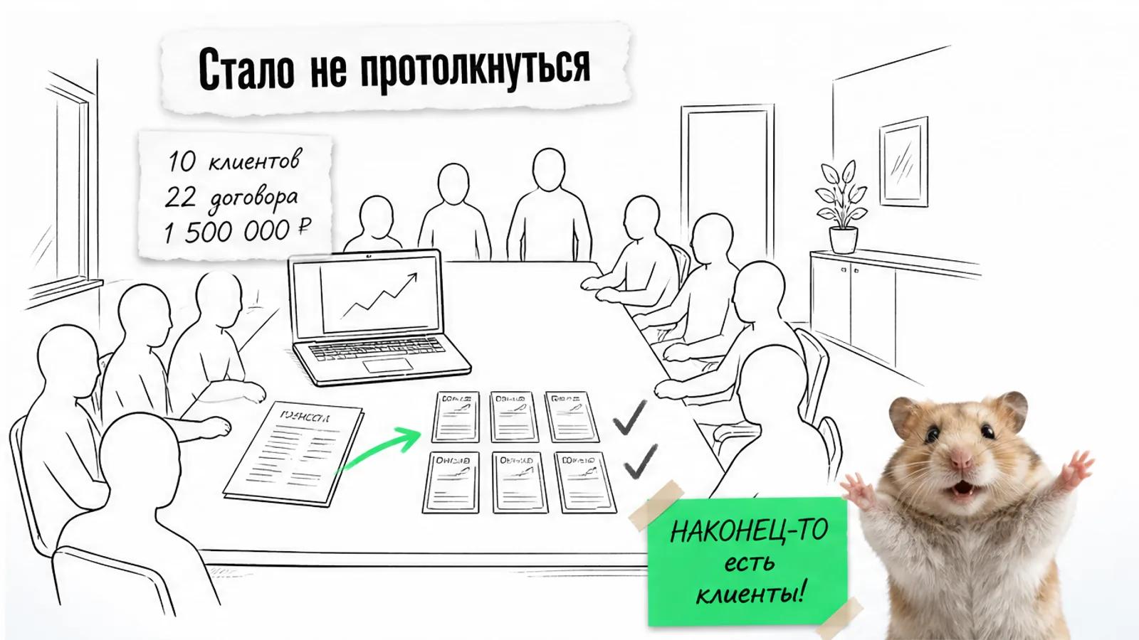 Та же переговорная заполнена людьми, рядом торжествующий хомяк и итоговые числа.