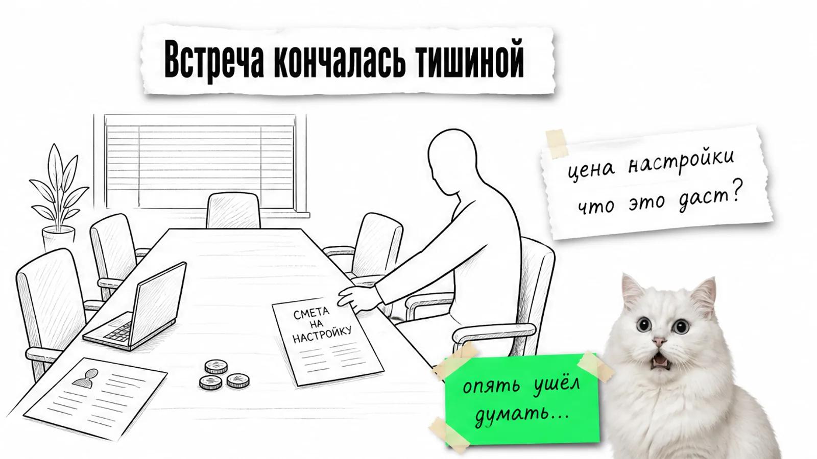 В пустой переговорной владелец автомоек изучает смету, а рядом удивлённый кот.