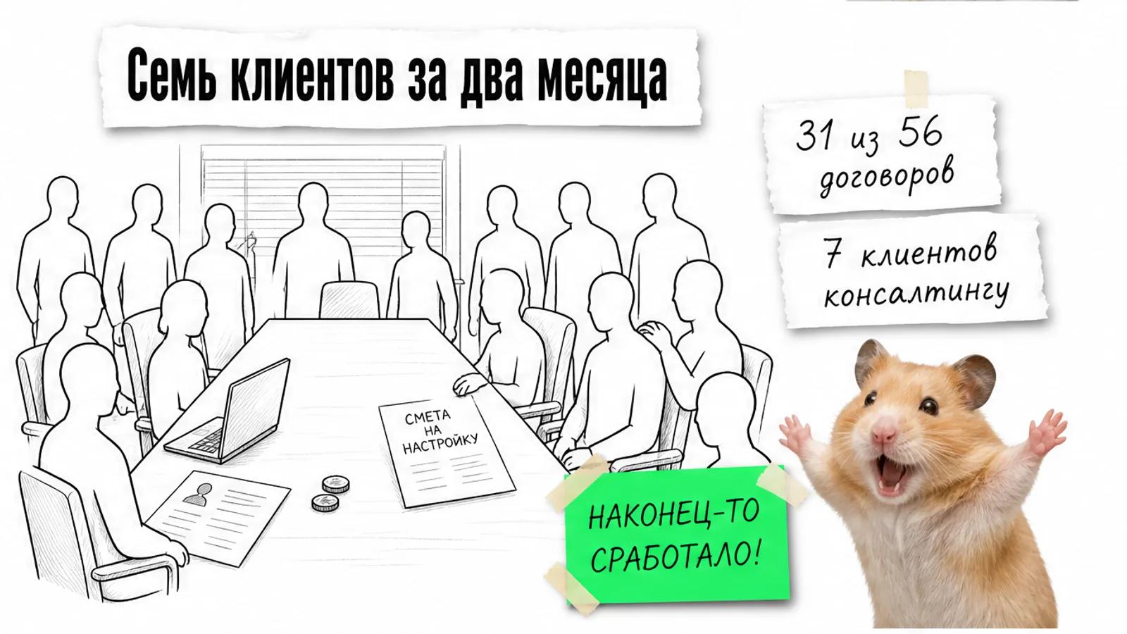 Та же переговорная полна людей; карточки показывают 31 договор из 56 и 7 новых клиентов.