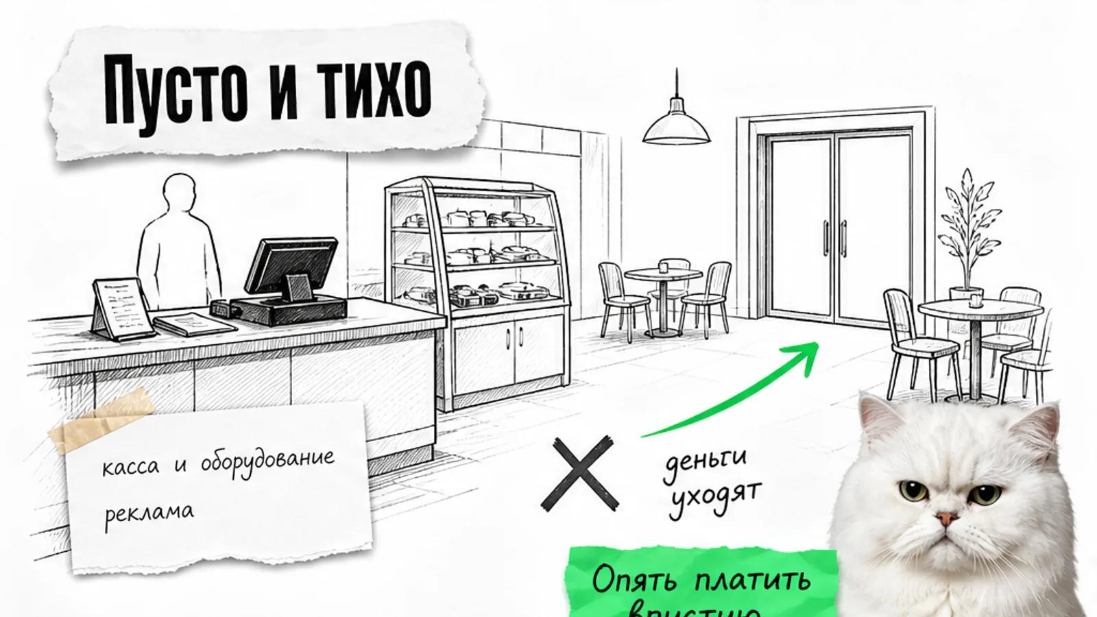 Пустая точка общепита с кассой, один силуэт владельца и скептичный кот.