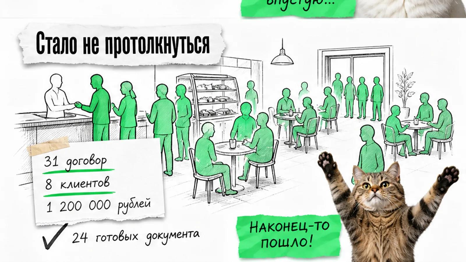 Та же точка общепита заполнена людьми, рядом показаны результаты и торжествующий кот.