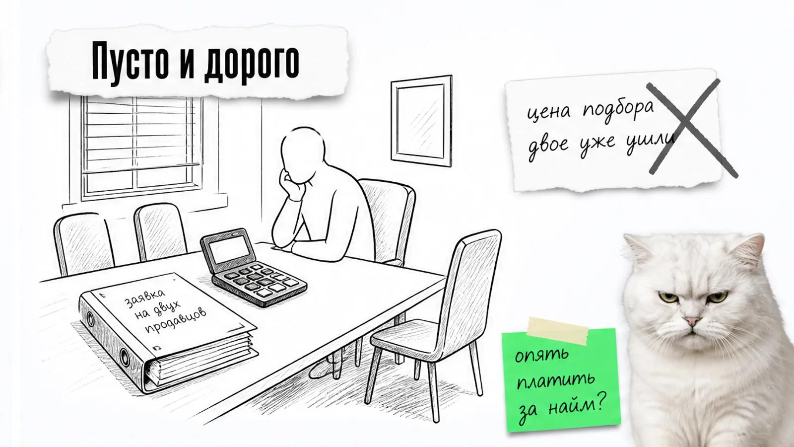 В офисе кадрового агентства собственник один считает цену найма, а рядом скептически смотрит кот.
