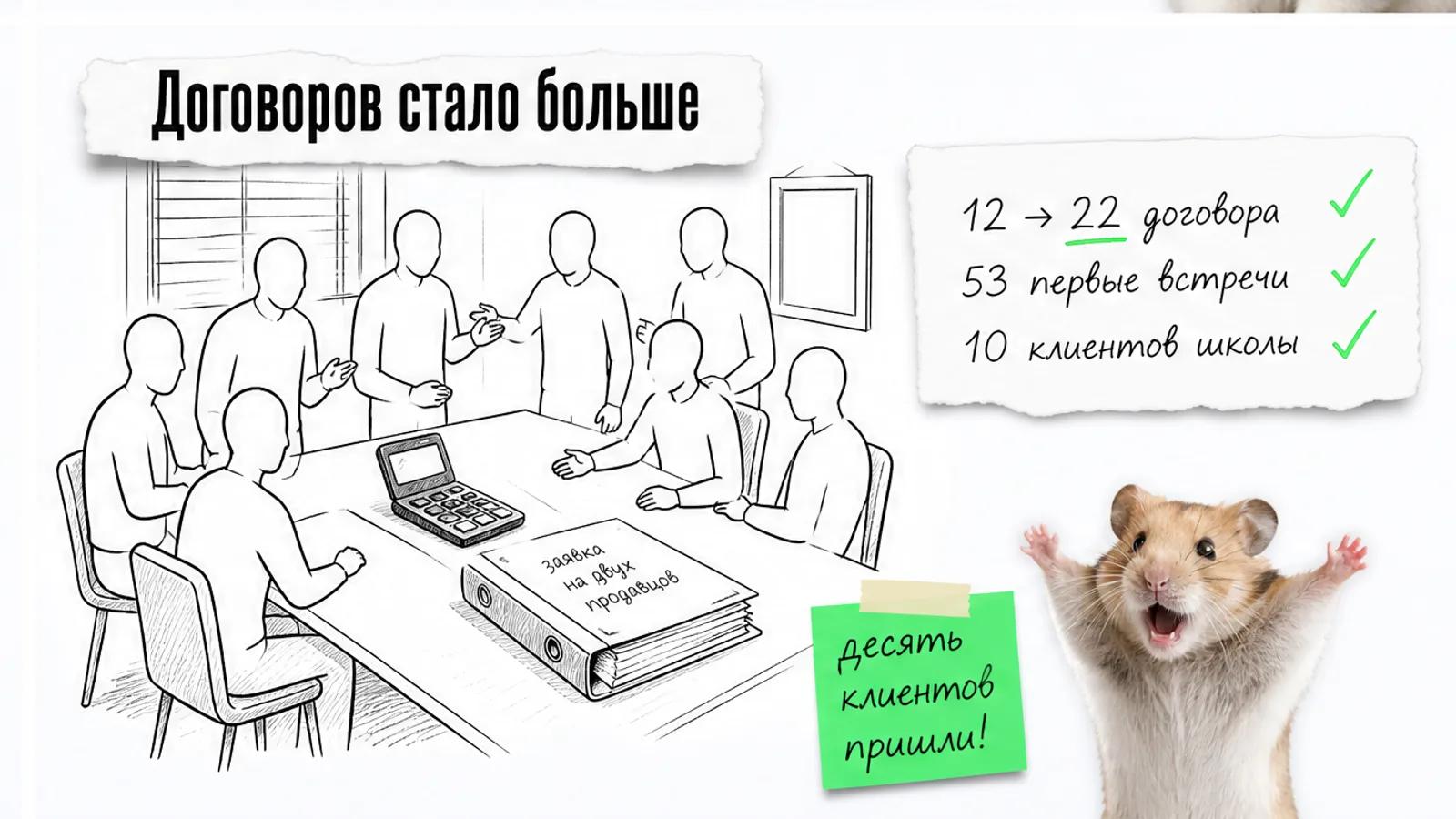 В прежнем офисе кадрового агентства много посетителей; карточки показывают 22 договора и 10 клиентов школы.