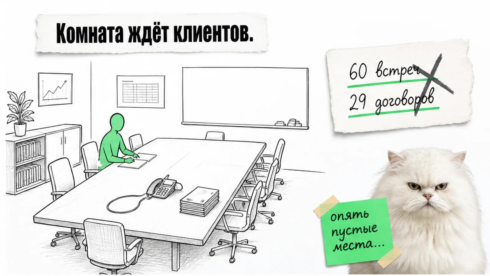 В пустой учебной комнате один менеджер и пустые стулья; рядом недовольный белый пушистый кот.