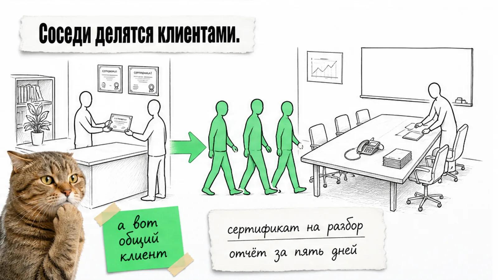 Владельцы идут из агентства в учебную компанию по зелёной стрелке; кот задумчиво поднял лапу к подбородку.