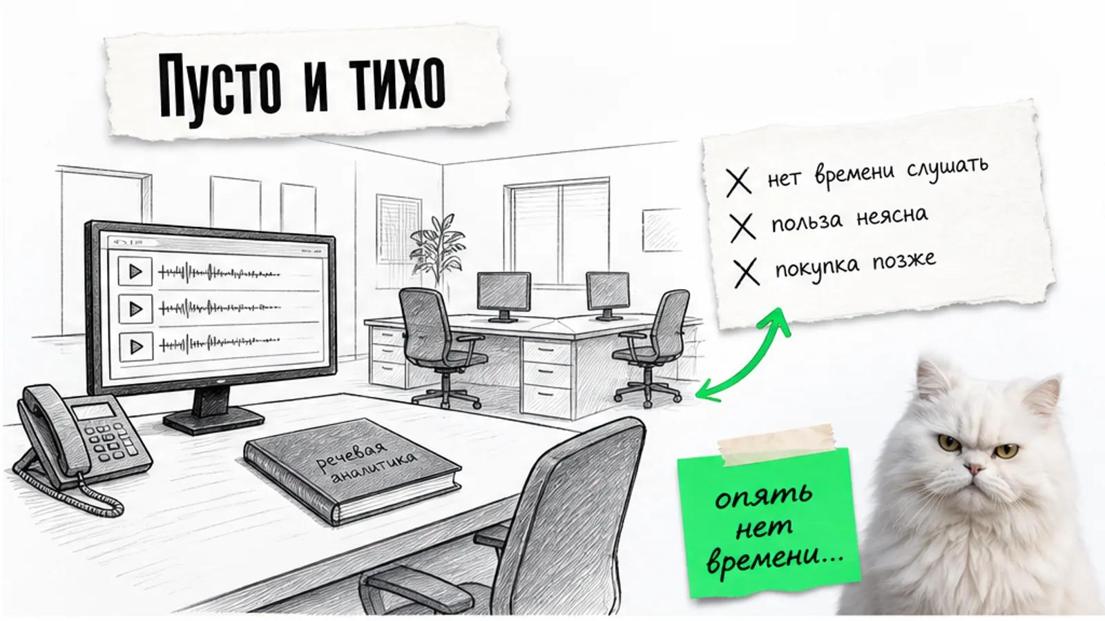 Пустой кабинет АТС и тихий отдел продаж без клиентов, рядом скептичный кот.