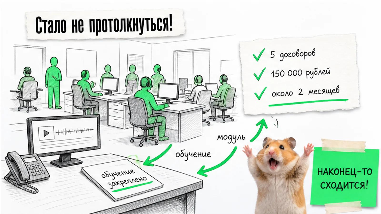 Тот же кабинет АТС заполнен людьми, рядом кот торжествует возле карточек с результатами.