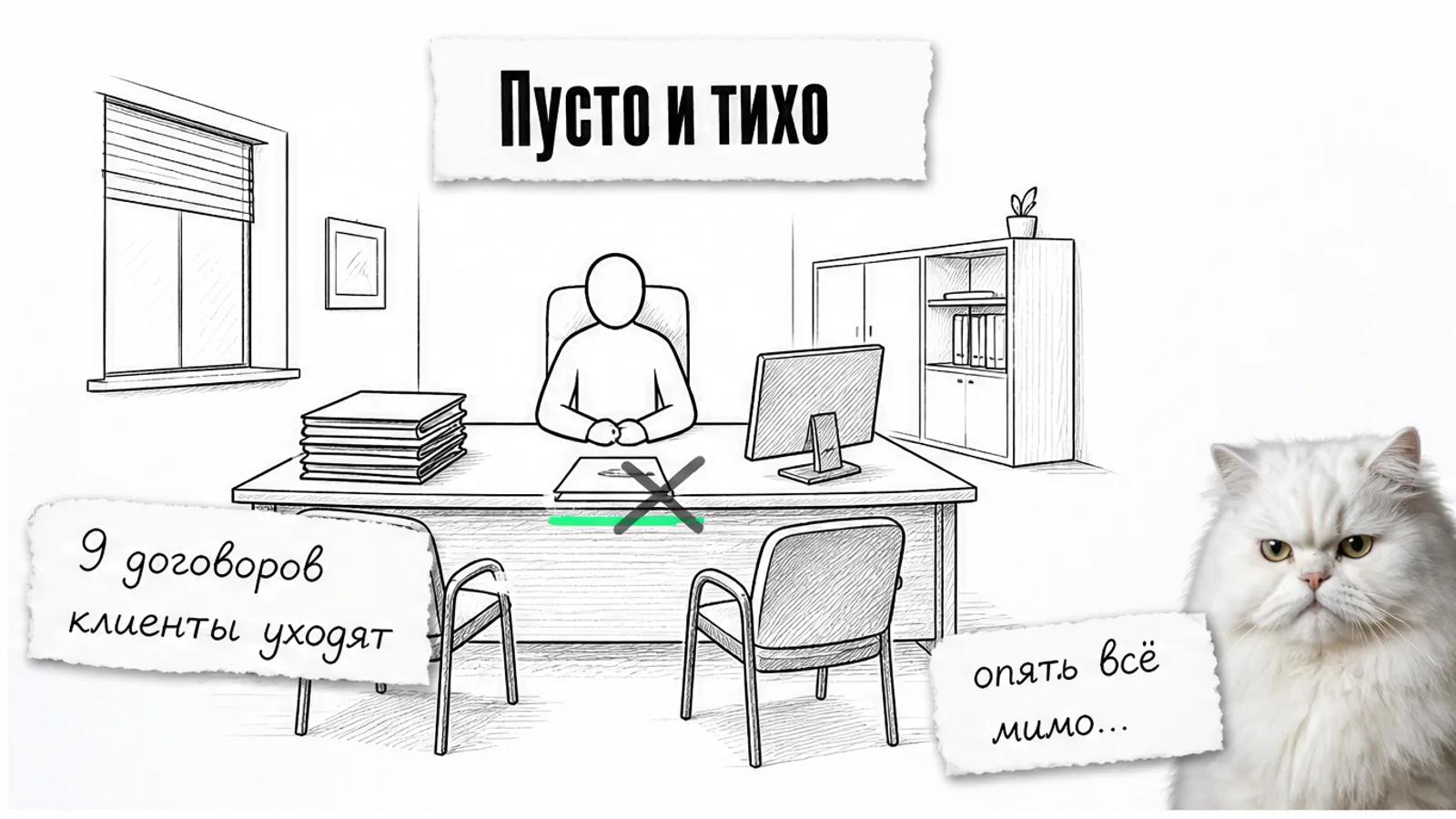 Пустой кабинет директора с папками документов и одним человеком у стола, рядом скептичный кот.