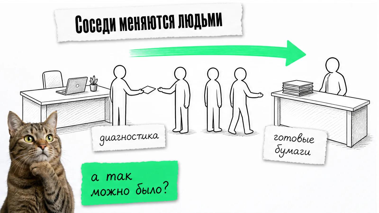 Две соседние зоны бизнеса с потоком людей между ними и зелёной стрелкой, рядом задумчивый кот.