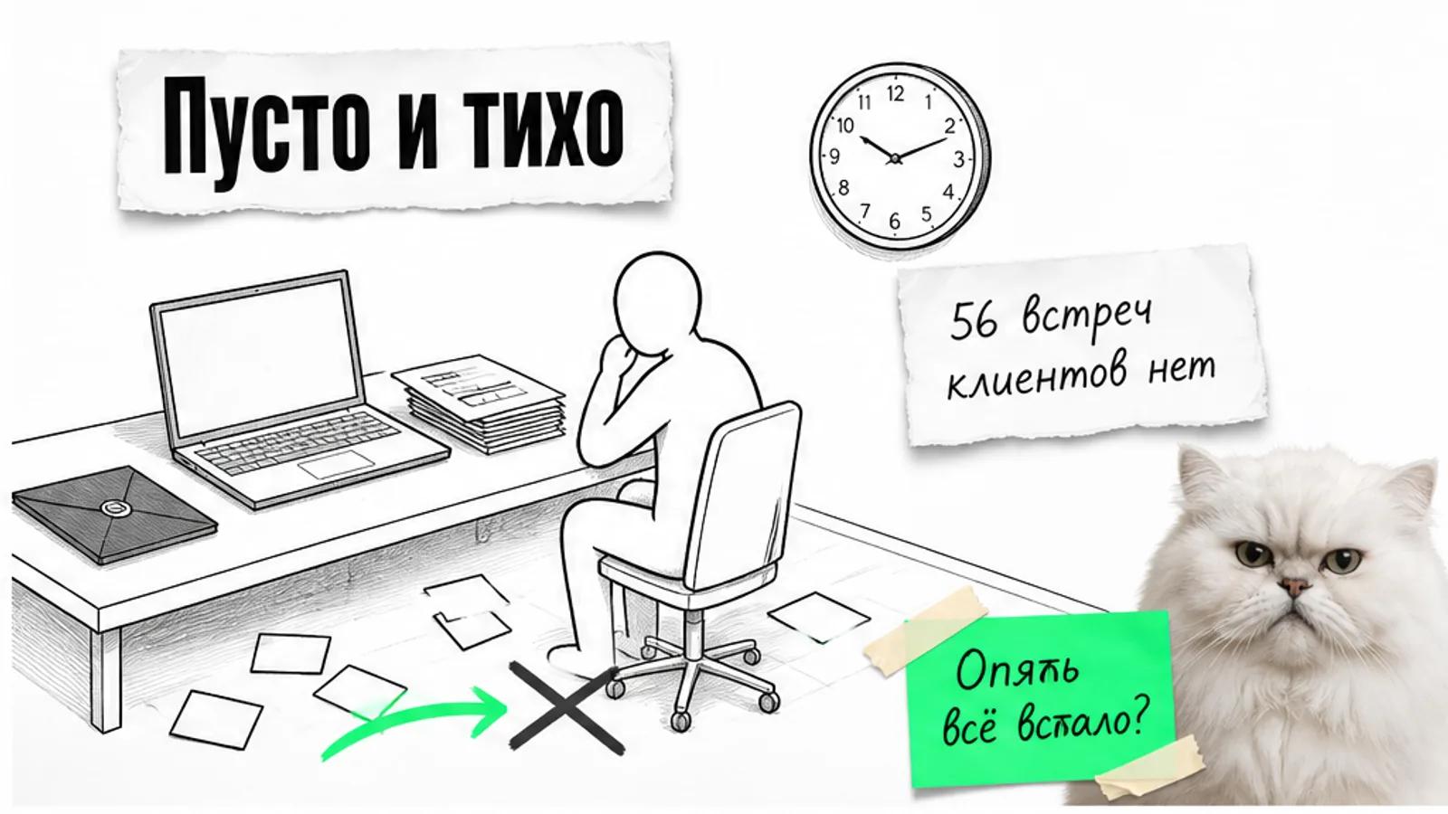 Пустая рабочая комната с одним силуэтом владельца, ноутбуком и отложенной задачей.