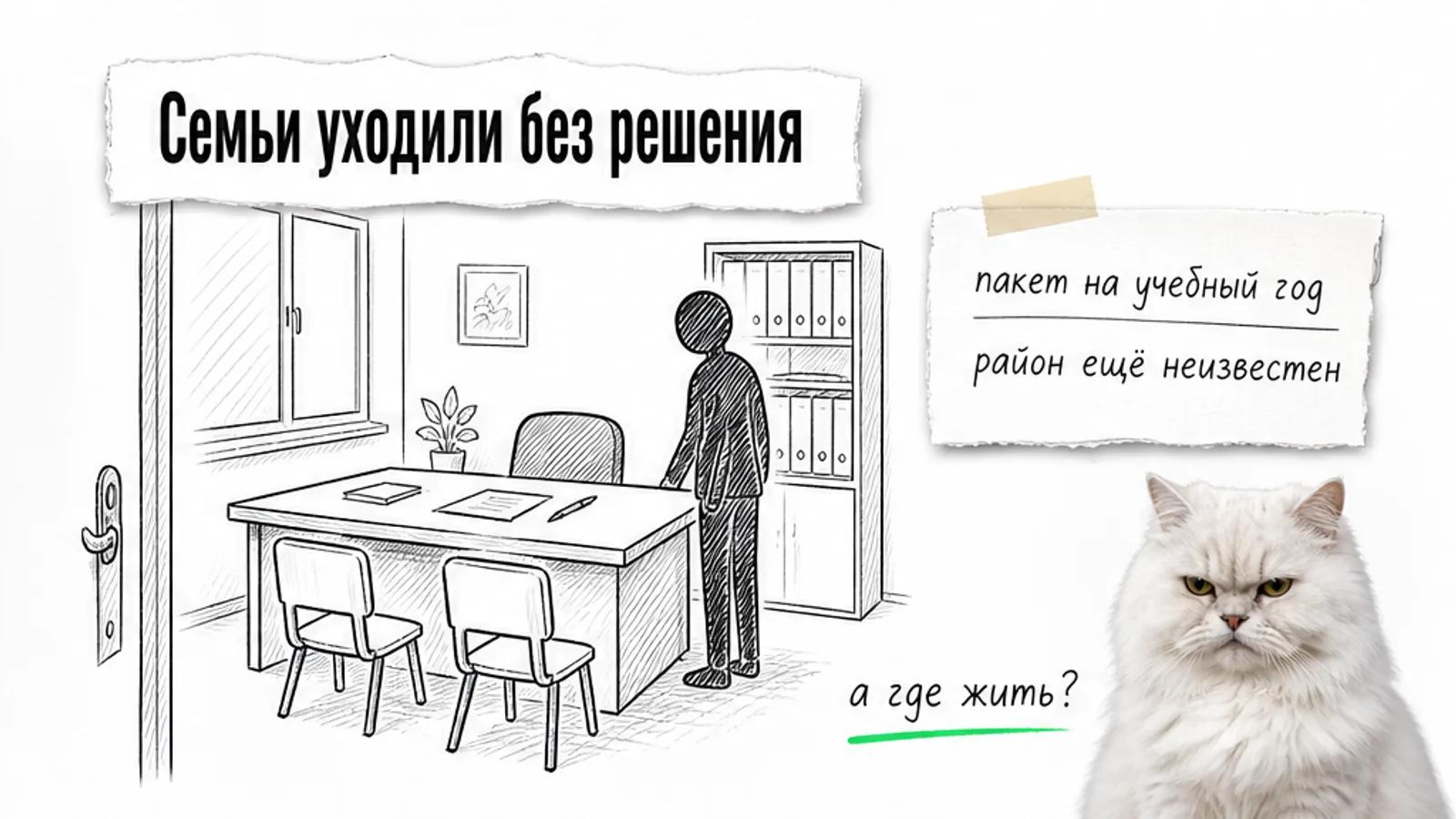 В приёмной школы один родитель не решается подписать договор, а пустые стулья ждут семьи.