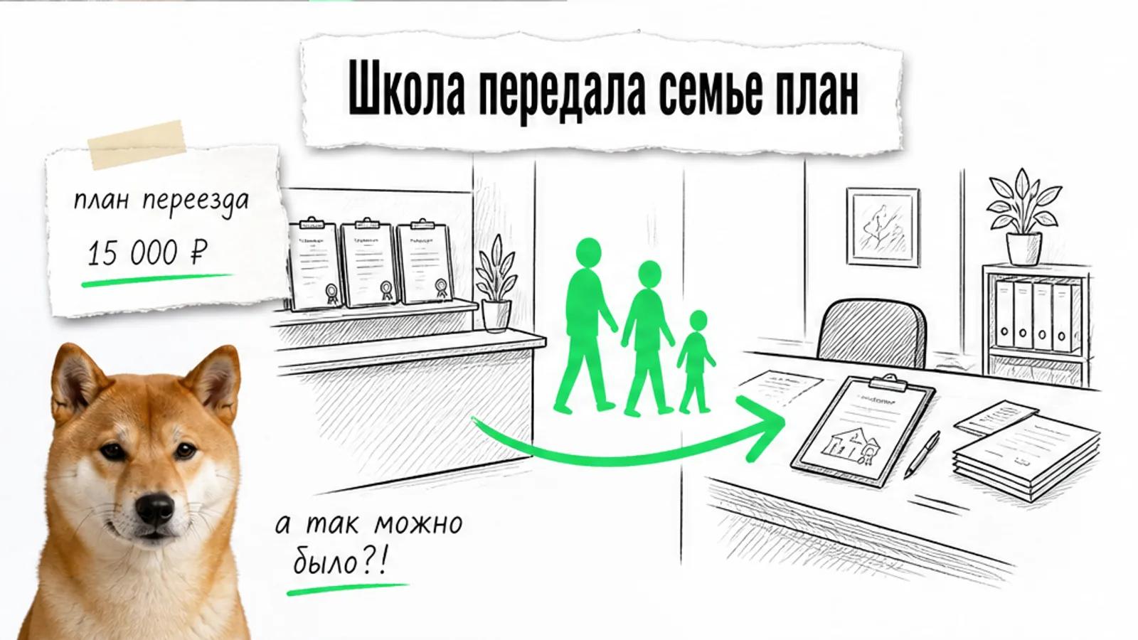 Семья идёт по зелёной стрелке от школьной приёмной к консультации агентства недвижимости.