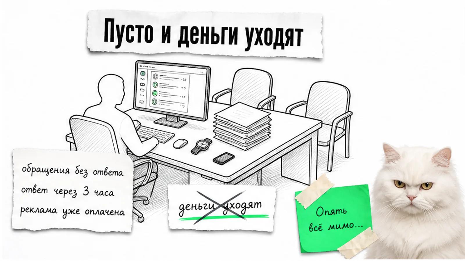Пустое рабочее место агентства с необработанными обращениями и скептичным пушистым котом.