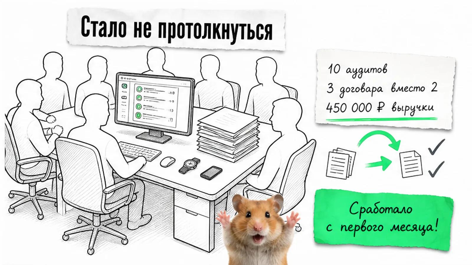То же рабочее место заполнено людьми, рядом хомяк празднует три договора и выручку.