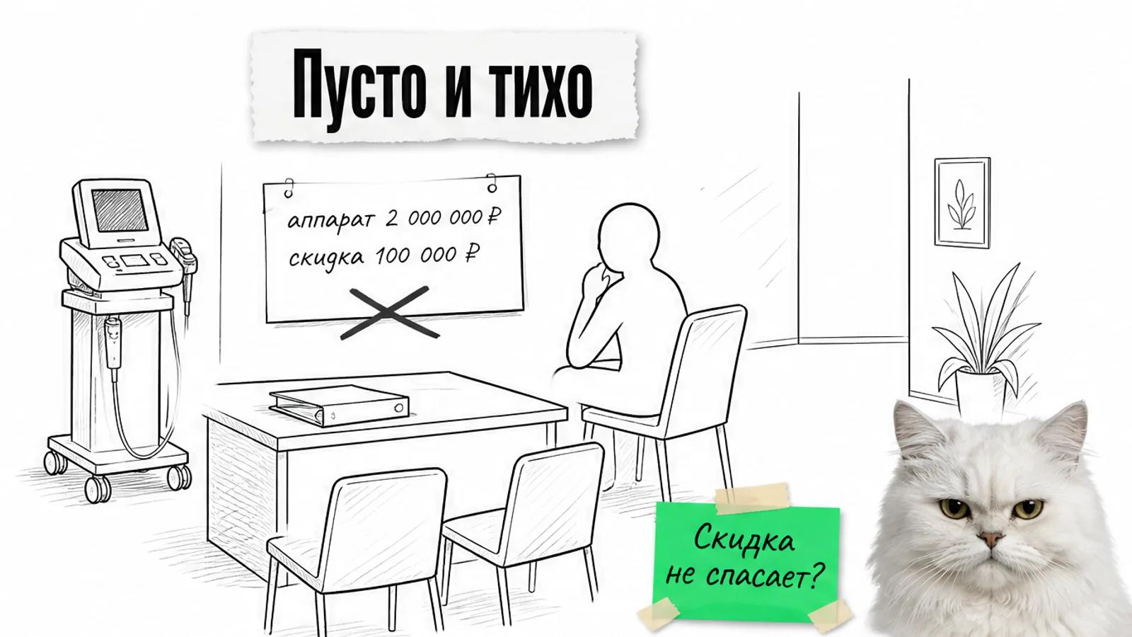 Пустая клиника с медицинским аппаратом, один силуэт владельца и скептичный кот.