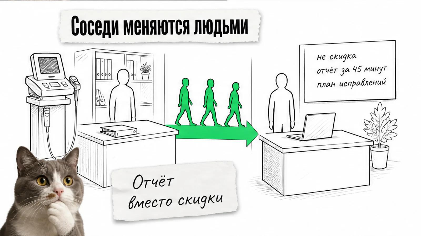 Шоурум и офис рядом, между ними зелёная стрелка и задумчивый кот.