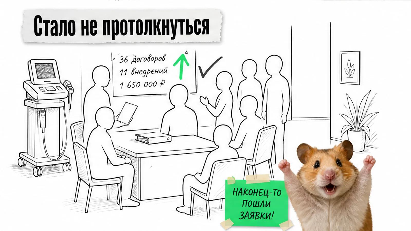 Та же клиника заполнена шестью силуэтами, рядом числа 36 и 11 и торжествующий хомяк.