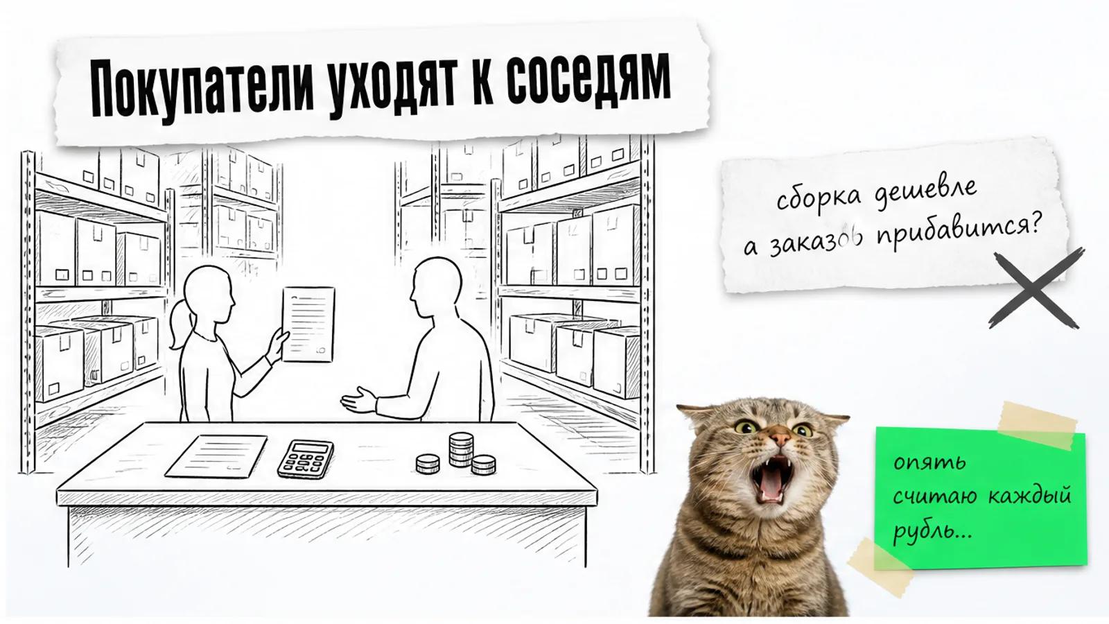 Владелица магазина обсуждает договор у пустой стойки склада, а рядом кот настороженно прижимает уши.