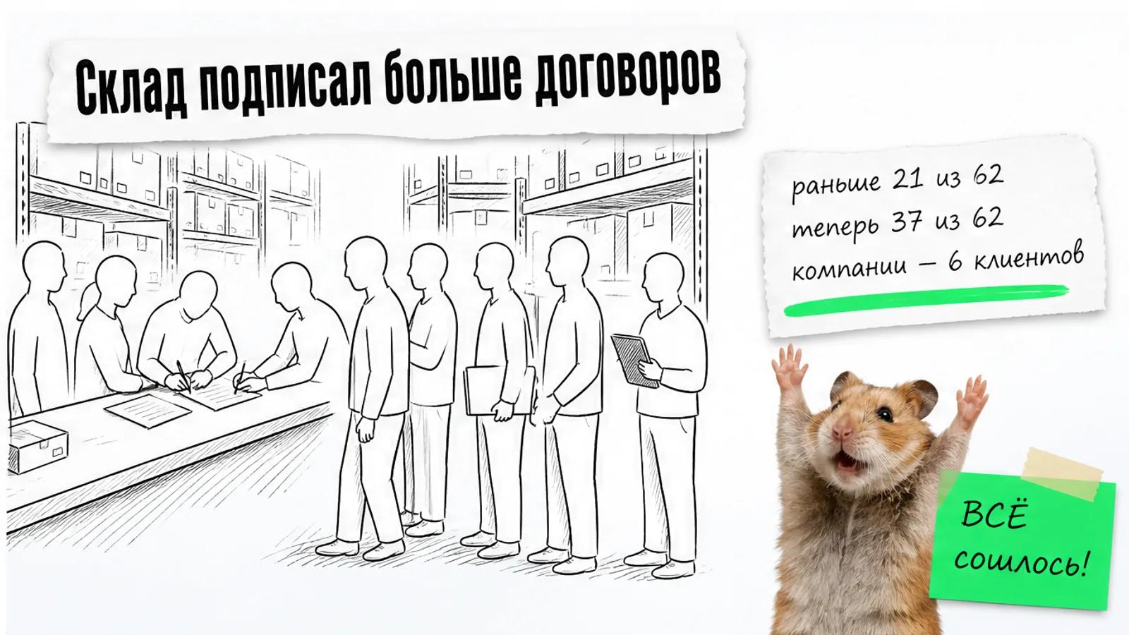 У той же стойки склада собралась очередь, а карточка показывает рост договоров с 21 до 37 и шесть клиентов компании.