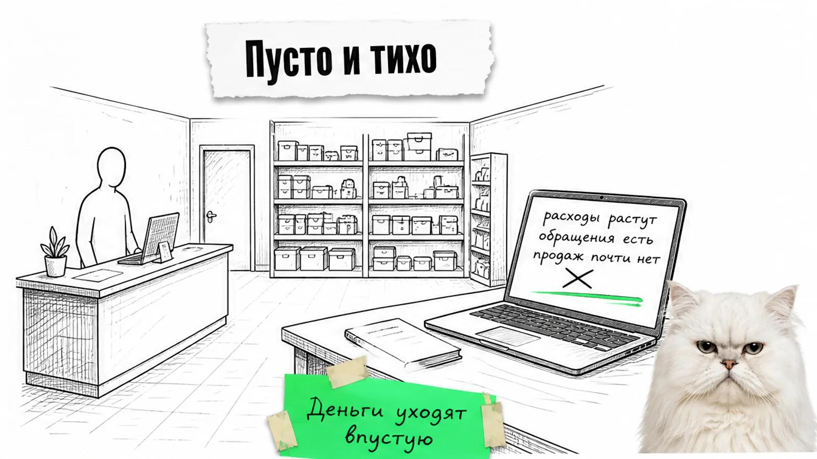 Пустой магазин с рекламным отчётом, расходами и одним силуэтом владельца у стойки.
