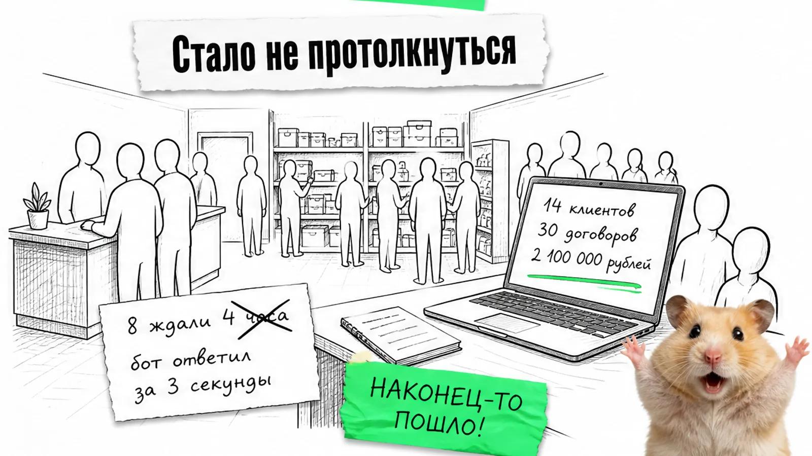 Тот же магазин заполнен покупателями, рядом карточка с результатами: 14 клиентов и 30 договоров.