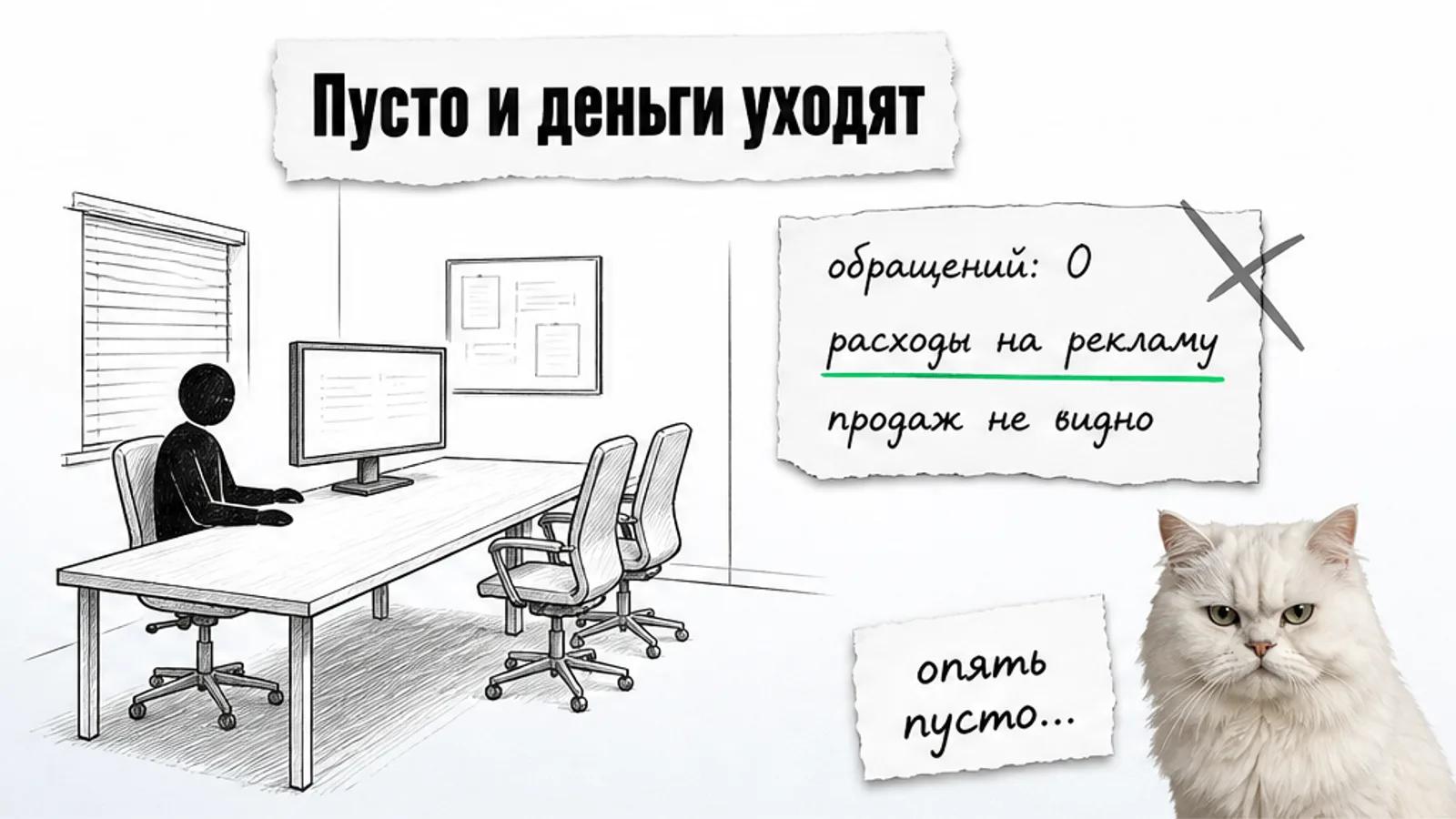 Пустой кабинет рекламного агентства с необработанными заявками и скептичным котом