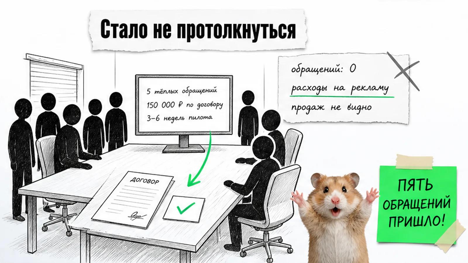 Тот же кабинет заполнен клиентами, рядом карточки с результатом и торжествующий хомяк