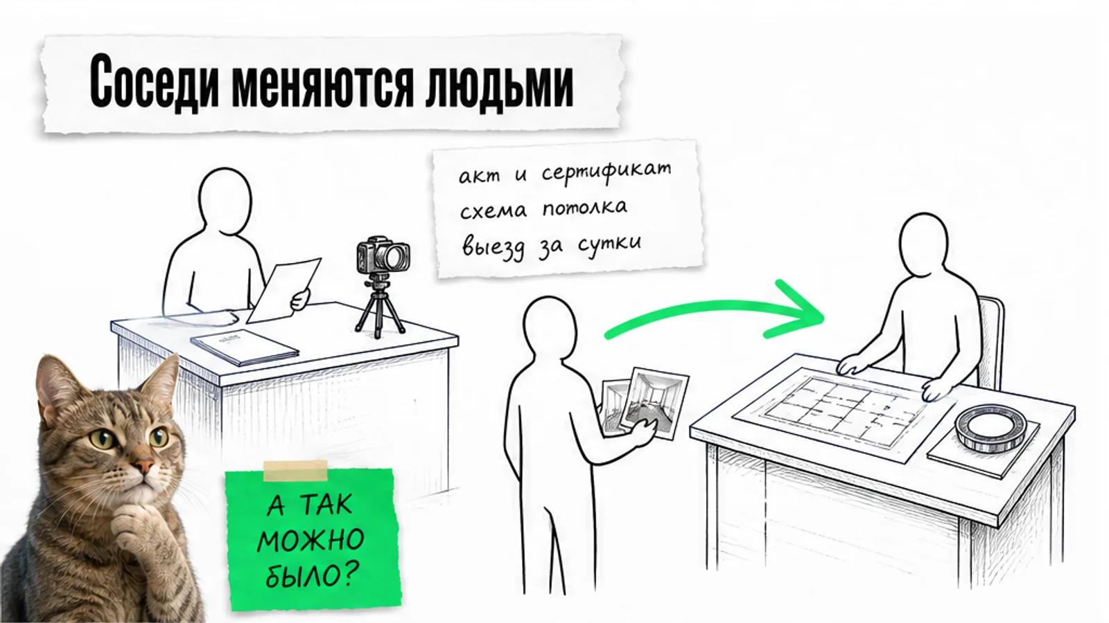 Сервис приёмки и ремонтная компания обмениваются клиентом и сертификатом, рядом задумчивый кот.