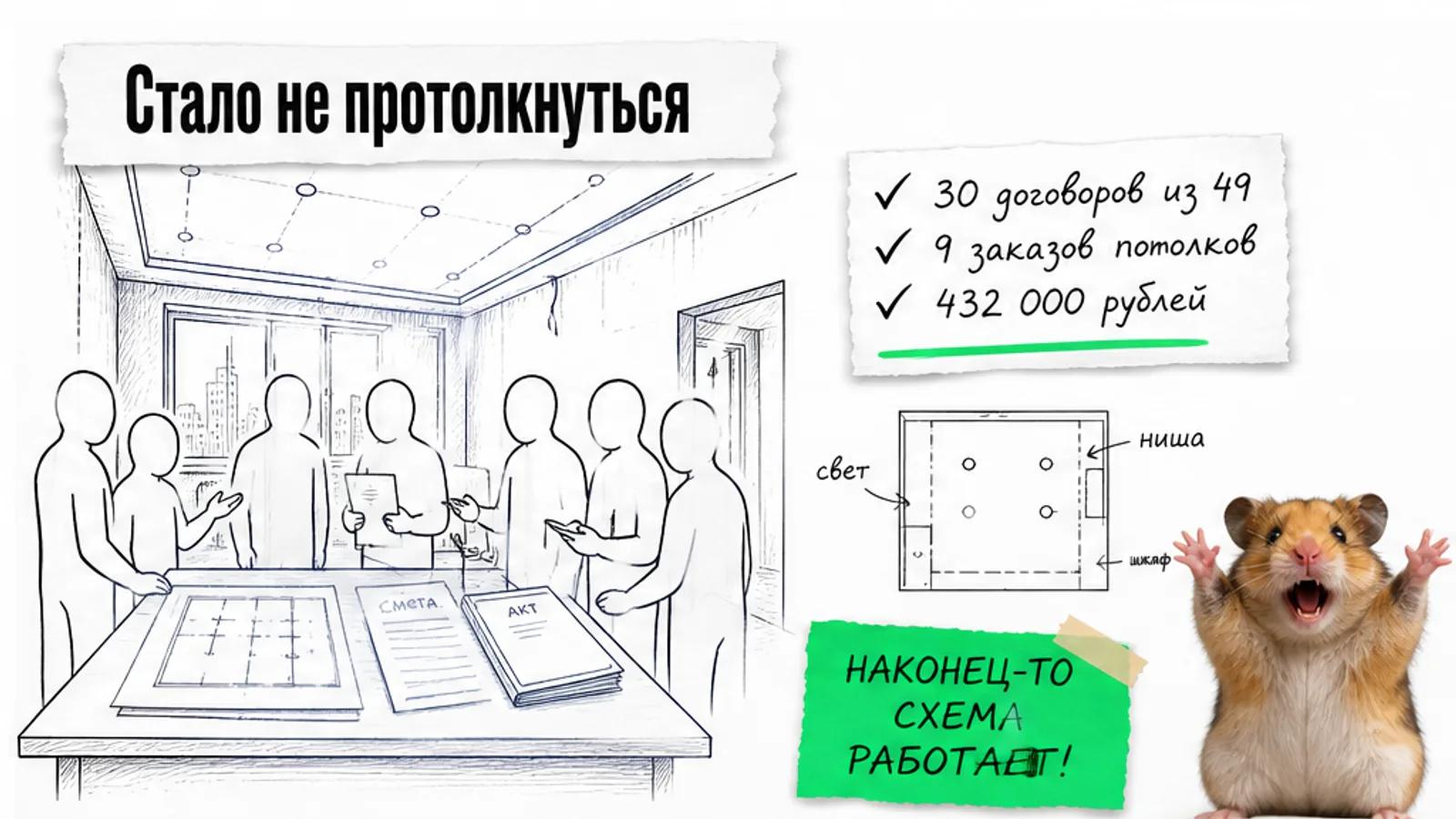 Та же квартира заполнена людьми, на карточке показаны 30 договоров, 9 заказов и 432 000 рублей.