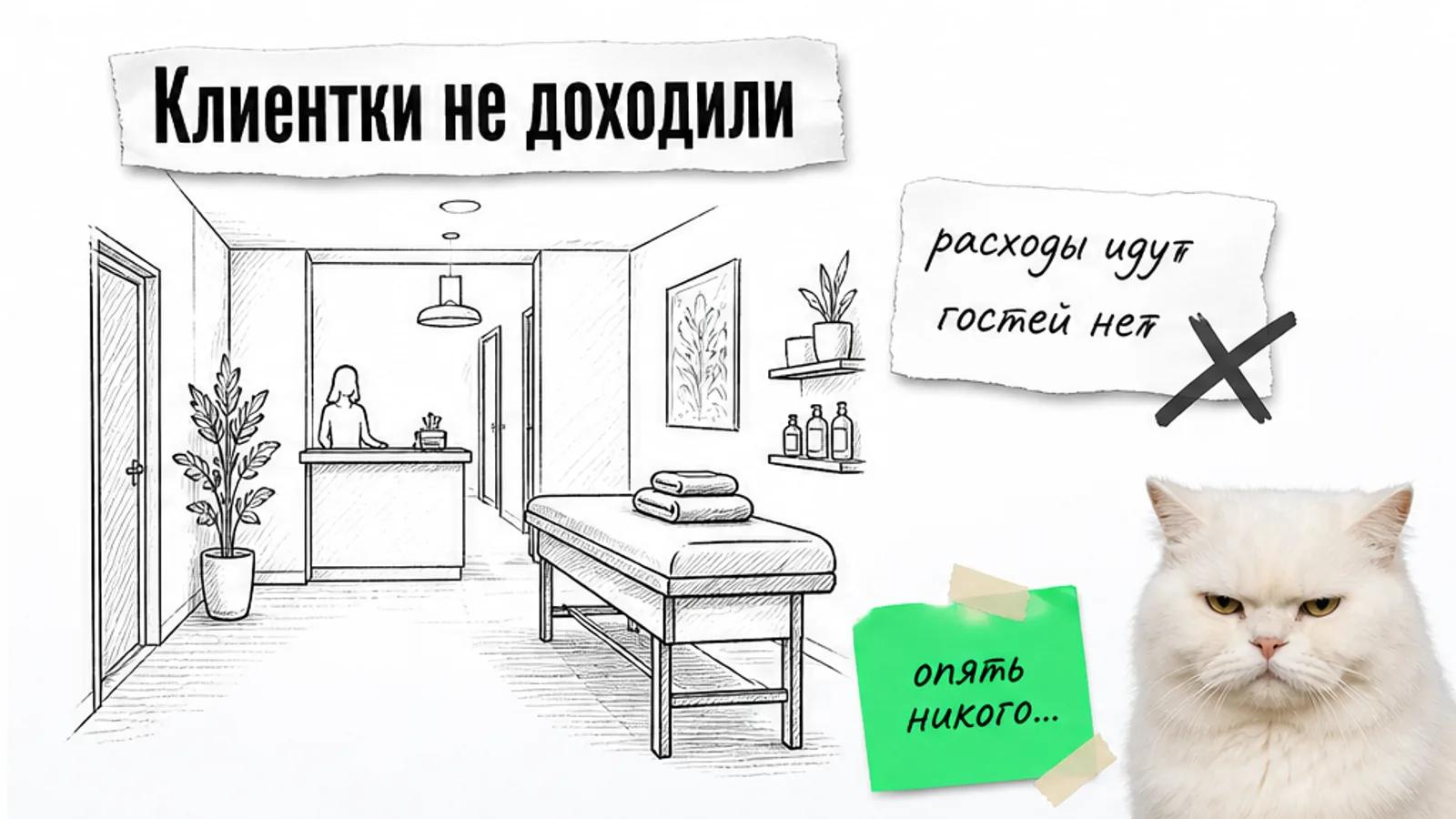 Почти пустой салон с одним силуэтом сотрудника, расходами и скептичным котом.