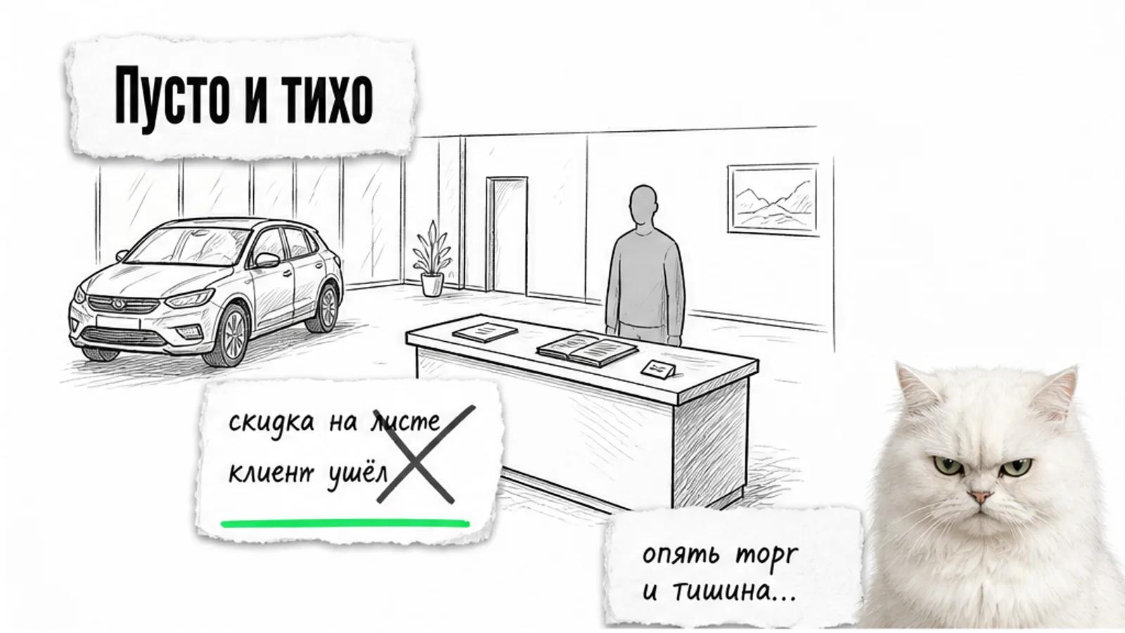 Пустой зал автосалона с машиной, листом скидки и одним менеджером у стойки.