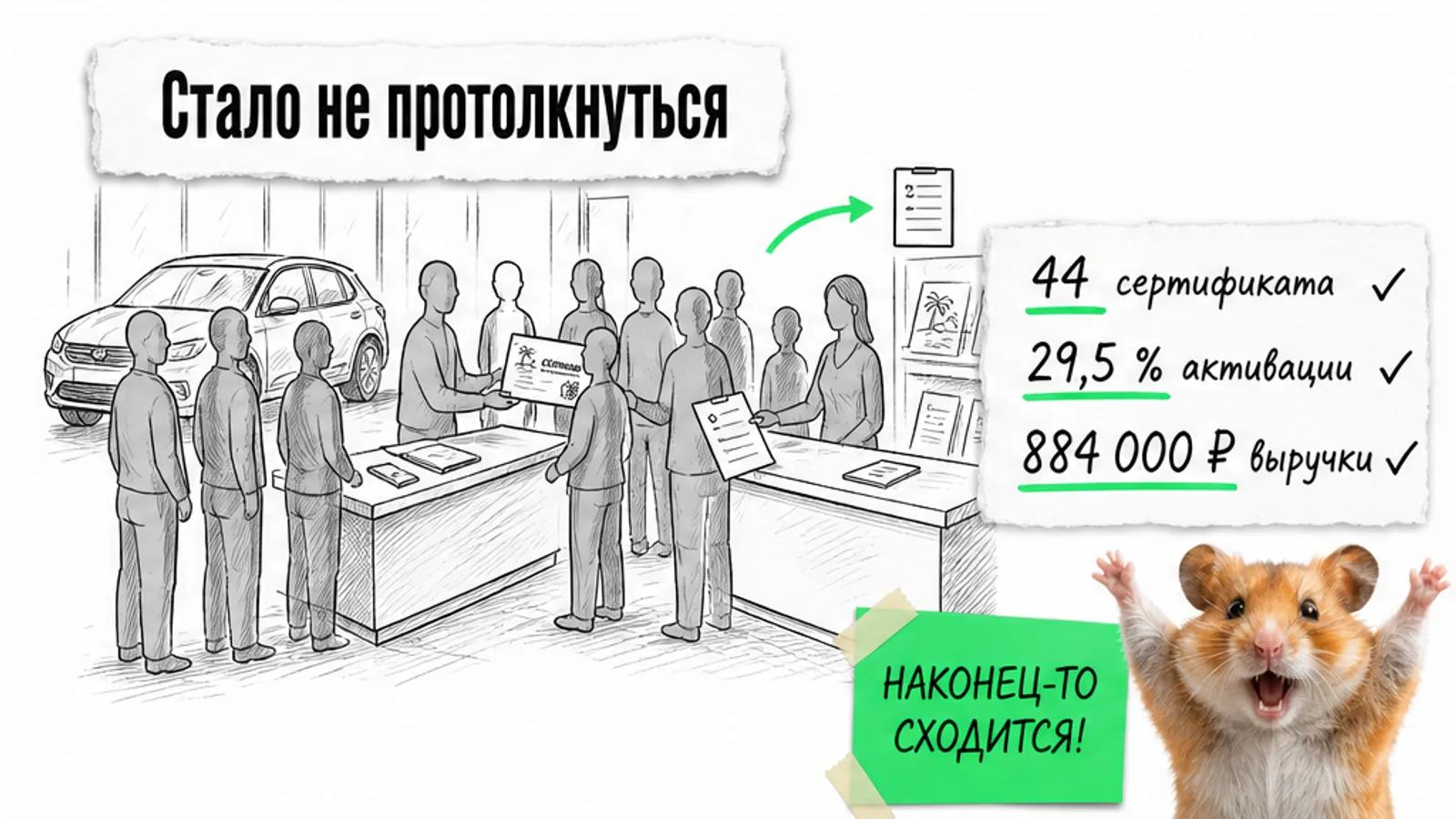 Тот же зал автосалона заполнен людьми, рядом карточка с ростом активации и выручки.