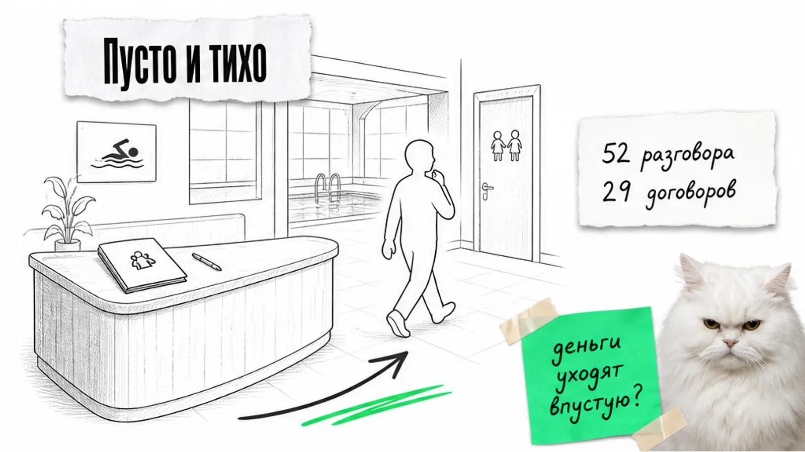 Пустая стойка семейного фитнес-клуба и одинокая семья у выхода, рядом скептичный кот.