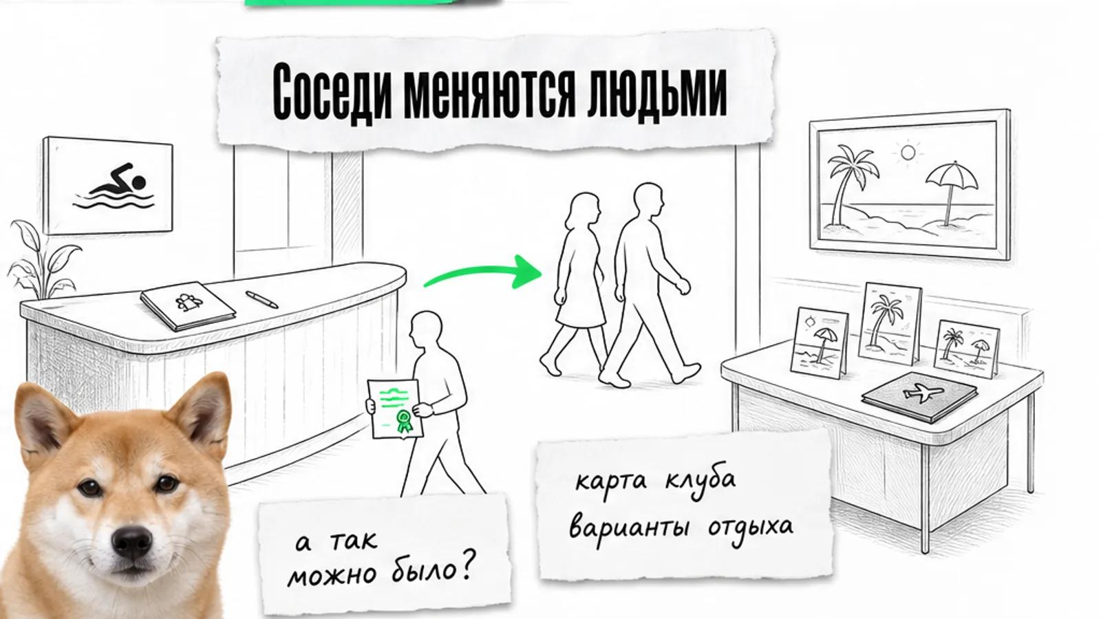 Стойка клуба и стол турагентства соединены зелёной стрелкой, семьи переходят между ними.