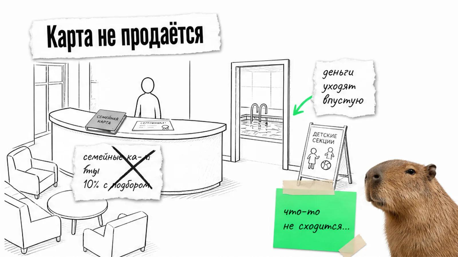 Пустой ресепшн семейного клуба с одним силуэтом, бассейном и карточкой «10%».