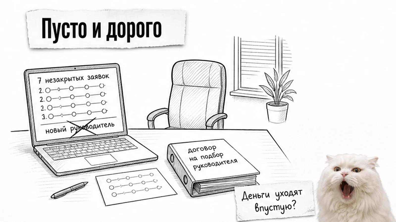 Пустой кабинет владельца с неактивной системой продаж и котом, прикрывшим морду лапой.